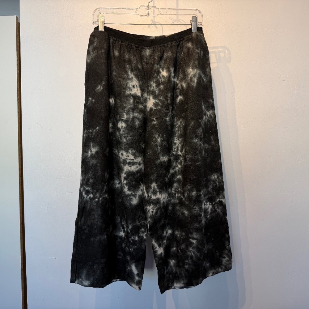 Kleen black and white tie dyed wide leg linen trousers